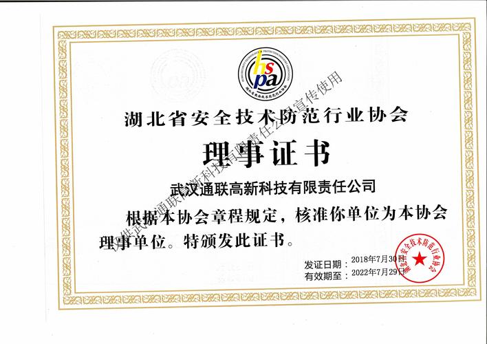 湖北省安全防范技术行业协会理事证书