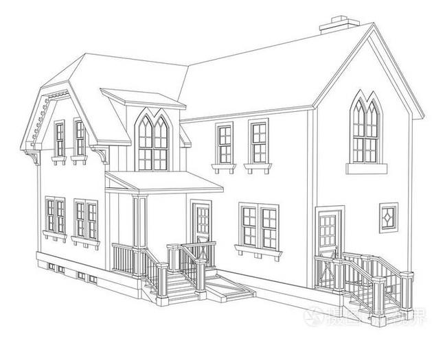 维多利亚风格的老房子.白色背景上的插图.轮廓线中的黑白插图.