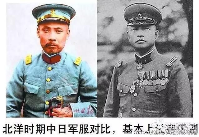 左为奉系东北军郭松龄的照片,右为影视剧中的郭松龄,注意大檐帽的