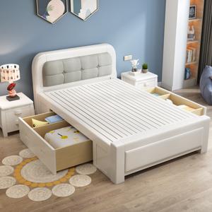 实木单人床1.2米小户型一米白色简约1.35/1.5m儿童北欧双人储物床