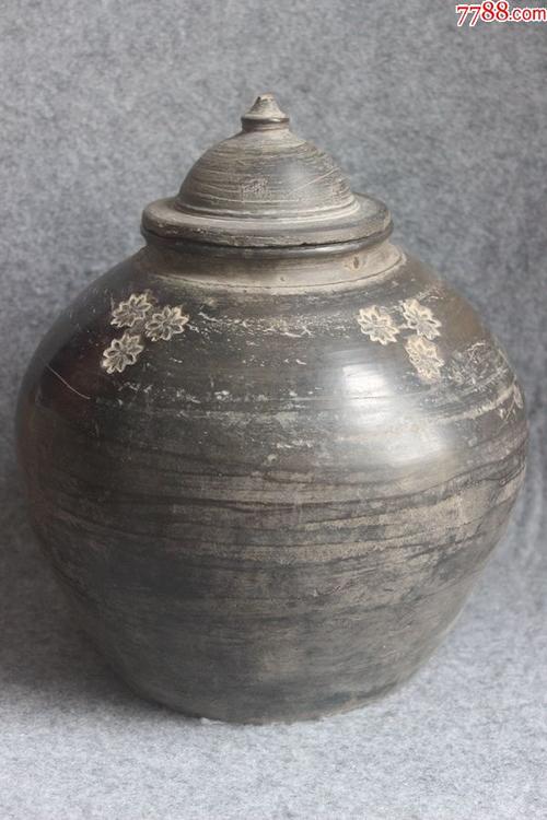 明代黑陶罐带盖完整包老三花印记高27厘米老陶器瓷器zz2109