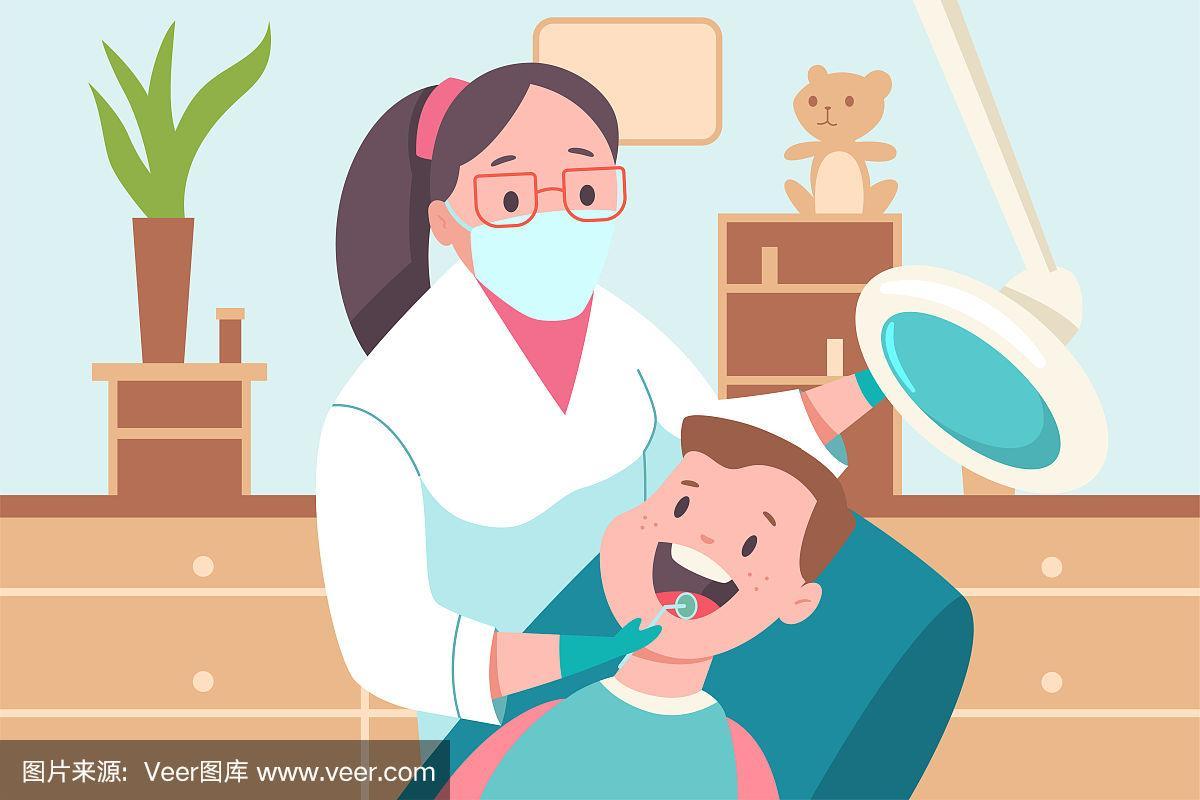 牙科诊所里的孩子.医生,牙医和病人.矢量卡通平面医学插图.