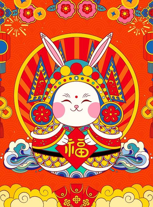 手绘国风红色兔年春节兔儿爷插画图片下载