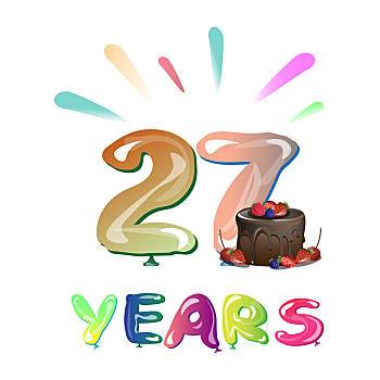 27岁,周年纪念,庆贺,设计,蛋糕,矢量,模版,生日派对