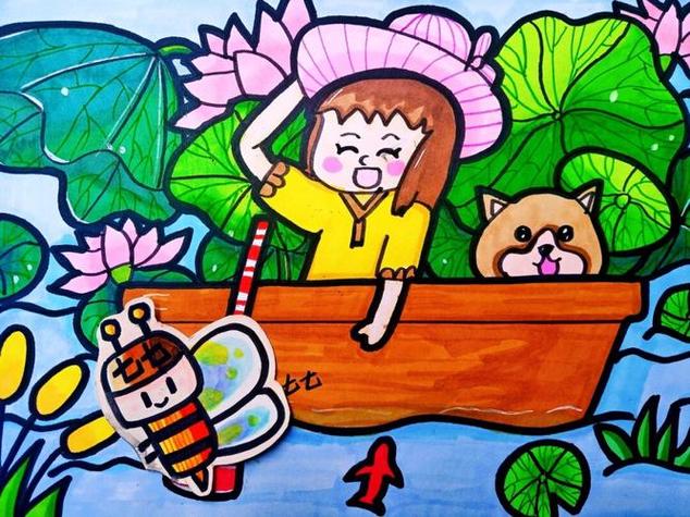 记曹村小学四年级简笔画展简笔画《采莲》快乐夏天儿童画手绘教程