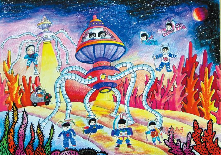 关于火星的小学生科幻画《火星探秘》