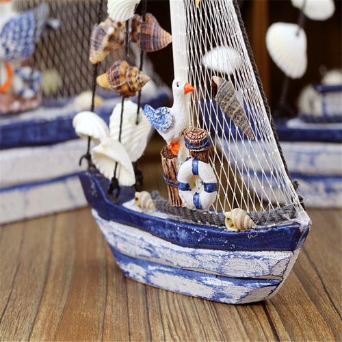 贝壳帆船地中海家居饰品做旧风格手工艺品礼品摆设蓝白木质