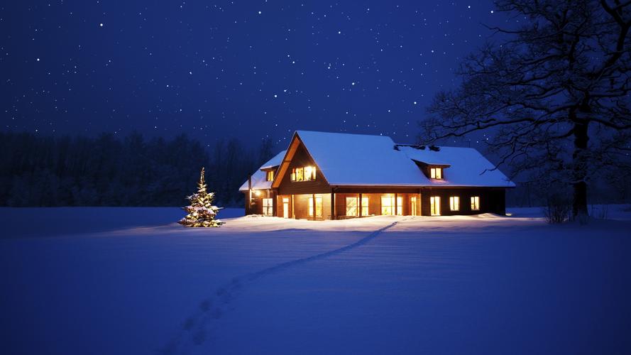 圣诞晚上冬季雪树灯新年圣诞夜景壁纸