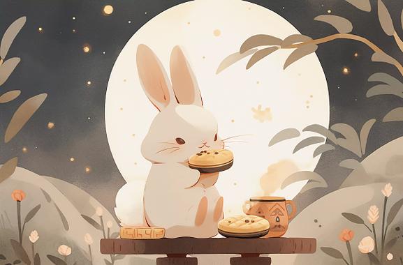 中秋满月兔子喝茶吃糕点赏月插画卡通唯美手绘可爱古风插画壁纸