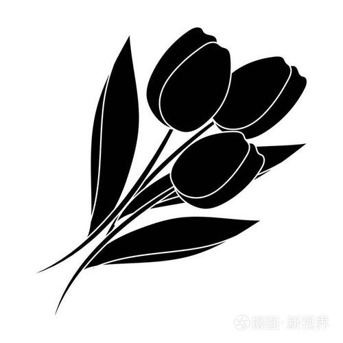 红色郁金香的花束.复活节的黑色风格矢量符号股票插画的单个图标