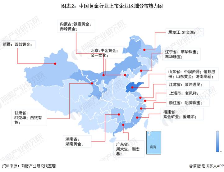 图表2:中国黄金行业上市企业区域分布热力图