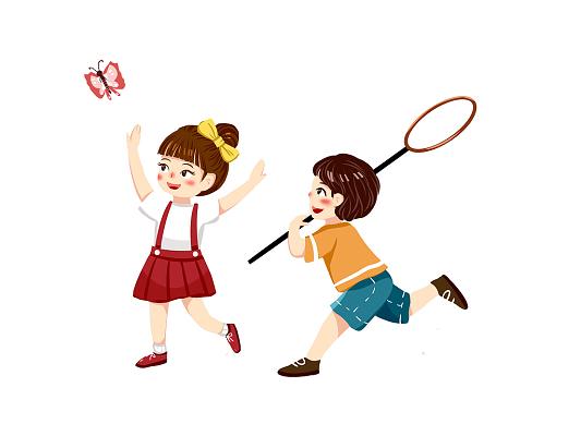 芒种彩色手绘卡通人物男孩女孩追逐玩耍抓蝴蝶元素png素材