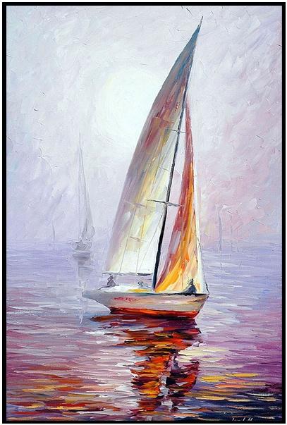 扬帆起航 大海帆船手绘油画刀画客厅一帆风顺竖款三联组合装饰画
