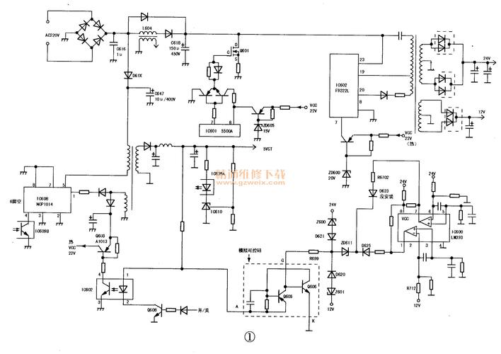 该机主电源块为f9222l,副电源块为ncp1014,pfc块为5500a,相关电路如图