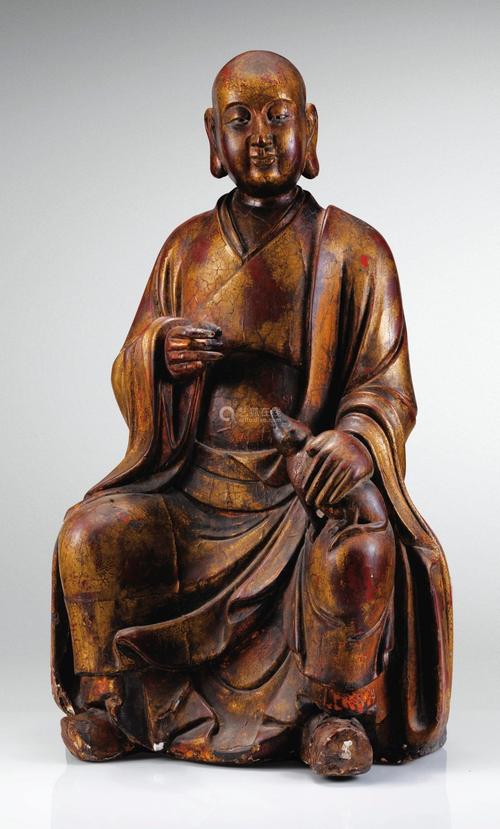 清康熙或前期 木雕加漆罗汉坐像