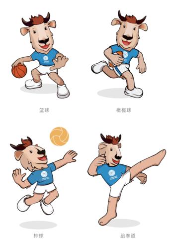 十四运吉祥物"朱朱"演绎项目:羽毛球,乒乓球,网球,冲浪,皮划艇,帆船