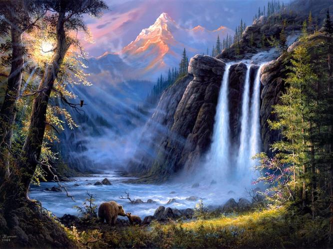 杰西巴尼斯艺术画,风景,瀑布,树木,熊壁纸1600x900分辨率查看