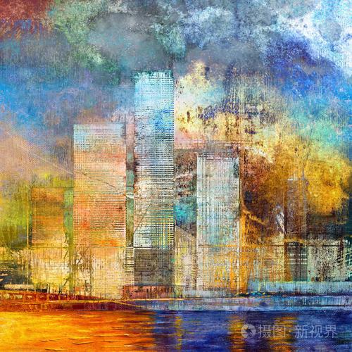 摩天大楼的艺术绘画.抽象风格.城市景观油画.