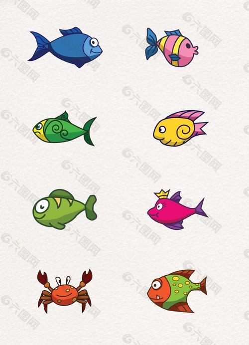 彩色卡通海底生物鱼和螃蟹设计矢量素材