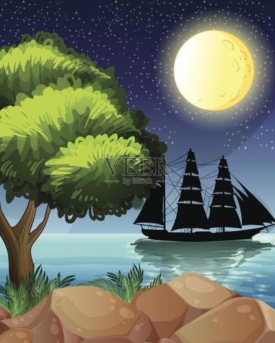 黑船在明亮的月亮下的海面