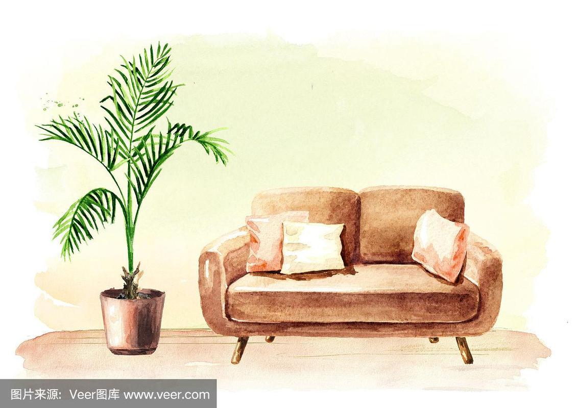 空的室内设计与复制空间.沙发和盆栽.水彩手绘插图,孤立的白色背景
