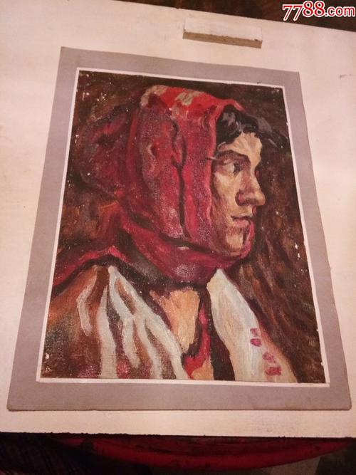 围红头巾的女青年油画19884临长27cm宽19cm