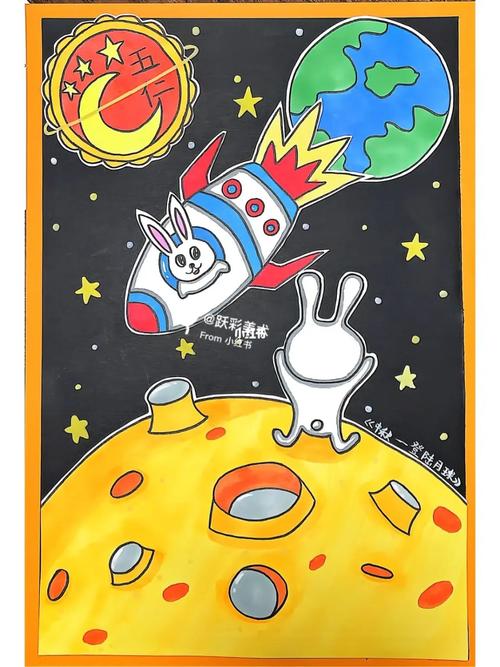 儿童画马克笔画登陆月球