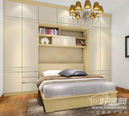 床嵌合在两个柜体之间,专为小户型设计的床柜组合,完美地利用了空间.