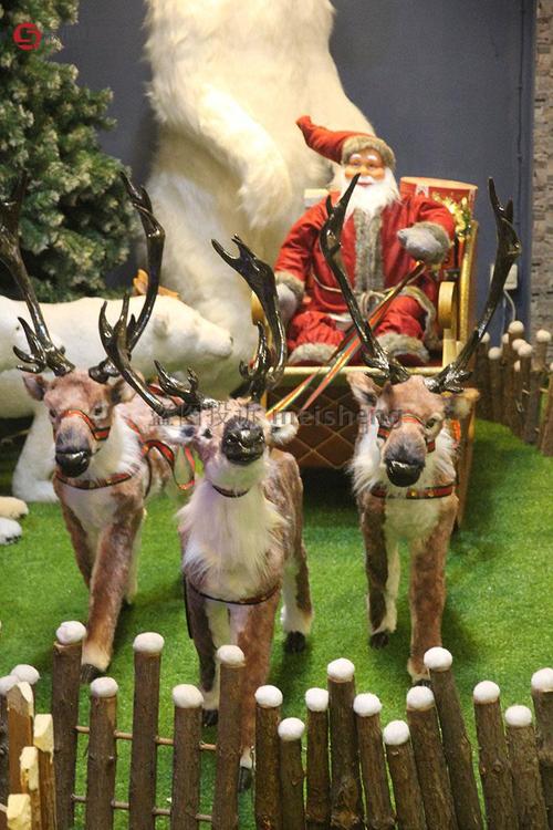 圣诞鹿拉雪橇车圣诞节装饰大型圣诞老人麋鹿驯鹿拉雪橇车鹿拉车一套