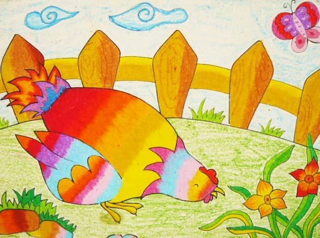 儿童画觅食的大公鸡,幼儿绘画作品_小鸭子儿童乐园