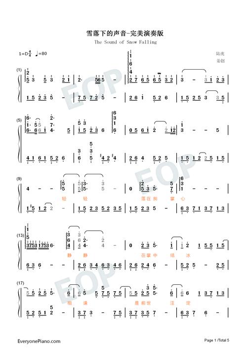 雪落下的声音-完美演奏版双手简谱预览1-钢琴谱文件(五线谱,双手简谱