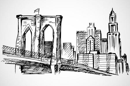 手工绘制的布鲁克林大桥和建筑物插画