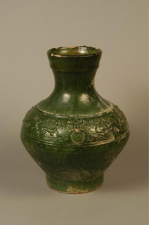 汉代狩猎纹绿釉陶壶