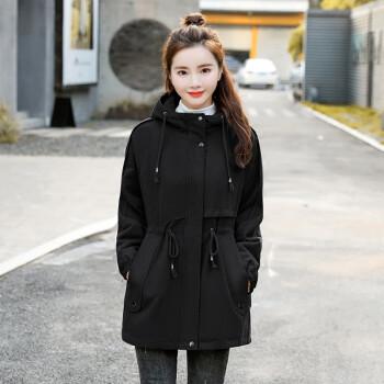 连帽加绒外套韩版宽松显瘦百搭小个子舒适保暖中长款女式棉袄黑色m