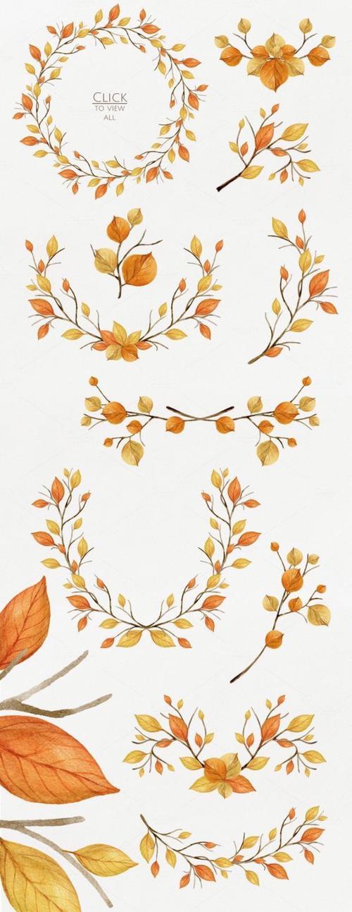手绘水彩鲜花植物 小清新平面设计 手账贴纸素材 森系 橘色 花环