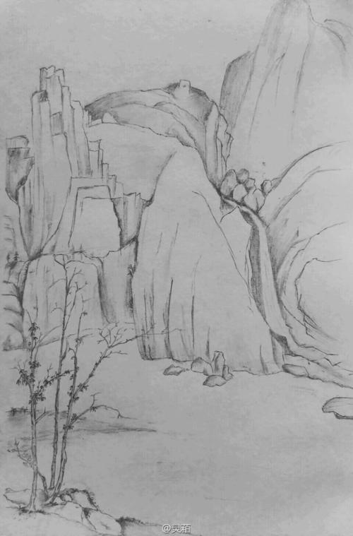 铅笔临摹清朝画家弘仁的一幅山水画长林逍遥图