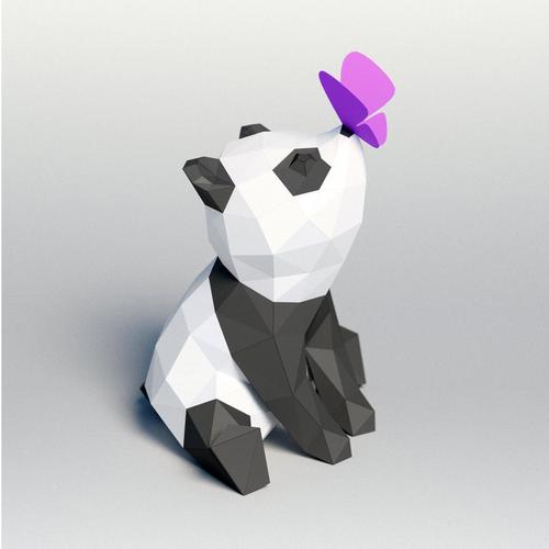 欧美创意3d纸模 与蝴蝶嬉戏的小熊猫 diy材料纸质摆件手工制作