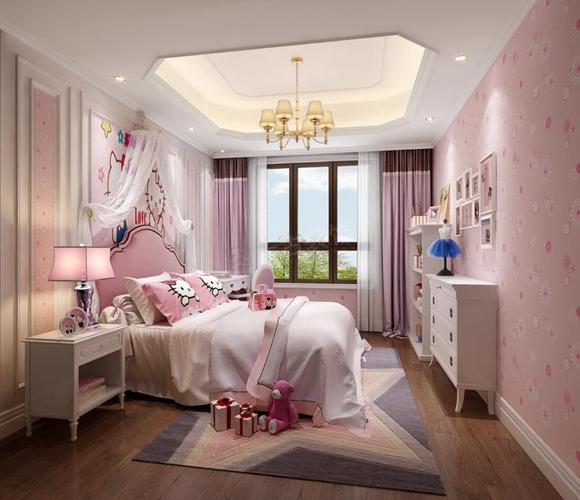 女孩卧室墙壁颜色,女孩卧室灯,女孩卧室窗帘效果图,保利观塘洋房装修