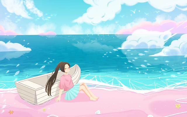 卡通手绘唯美蓝粉航海日夏天大暑海洋女孩和大海原创插画海报素材