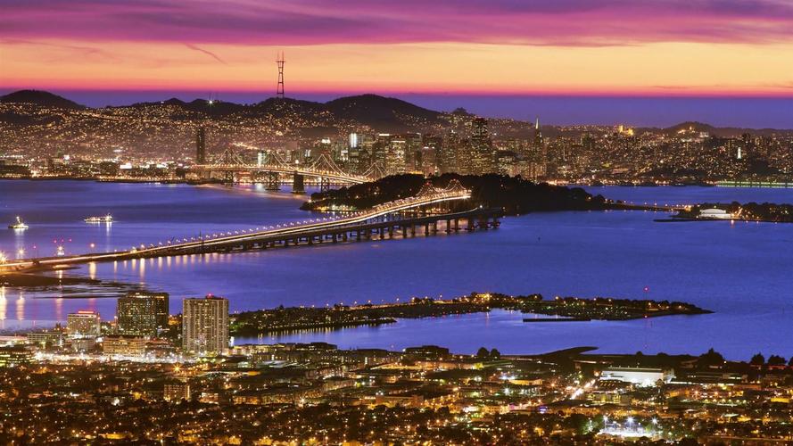 旧金山,美丽的城市夜景,建筑,河流,桥梁,照明,美国 壁纸