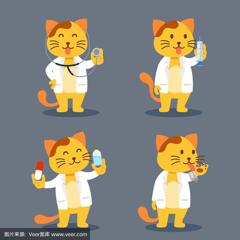 猫作为宠物医生扁平人物插图