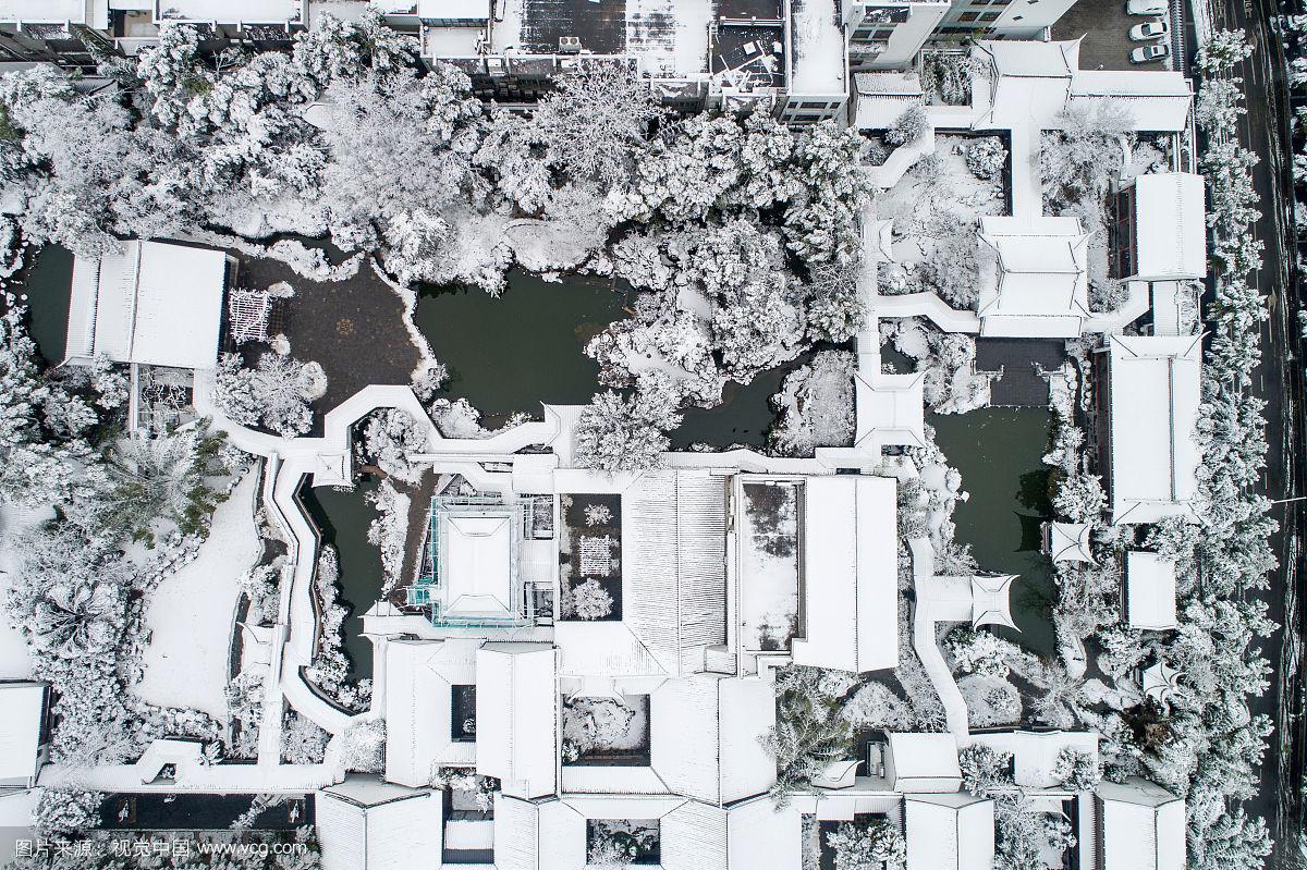 航拍 南京 明代古典园林 瞻园 雪景