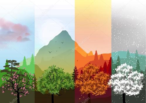 名称:四季横幅与抽象的森林和山-矢量图