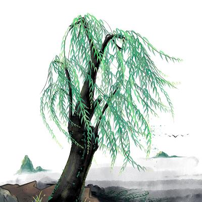 手绘古风岸边杨柳树留意青山绿水插画元素