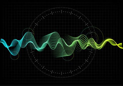 为音乐和声音设置的抽象波形图标.脉动颜色波浪运动线在黑色背景.