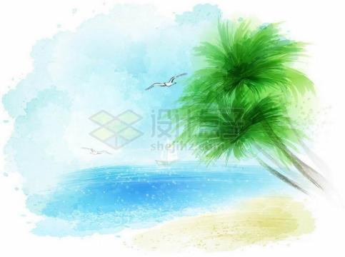 蓝色的海面和沙滩以及椰子树风景水彩画油画插画9363736矢量图片免抠