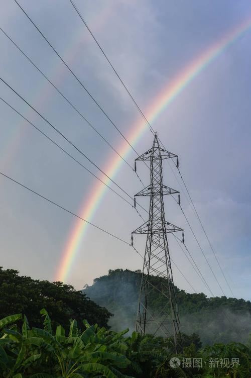 雨后天空中的雨过农村地区的高压电线杆.照片-正版商用图片131kmd-摄