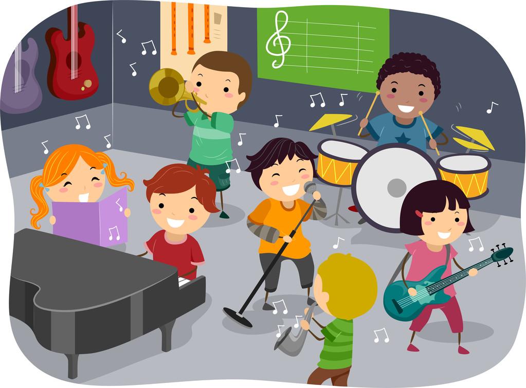 孩子们的音乐室,孩子在玩不同的乐器在音乐室里的火柴人图