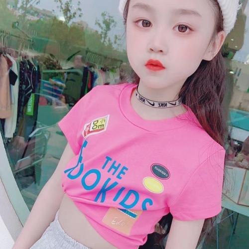 韩国短袖肚脐高腰童时尚中大粉色童装纯棉女孩t恤