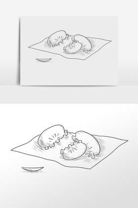 线描素描小吃食物煎饺插画小暑节气煎饺筷子和彩色盘子一碟饺子生饺还